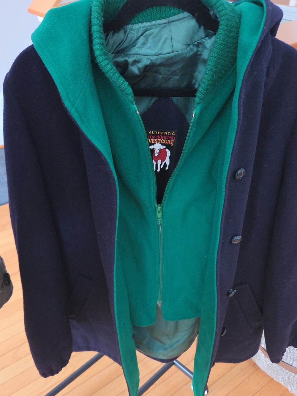 Vintage Authentic Mackintosh Vestcoat Wool Hooded Jacket Navy/Green Size 12